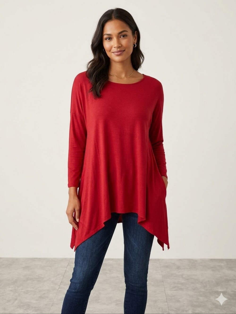 Chelsea & Theodore Red Handkerchief Hem Long Sleeve Tunic Sz L